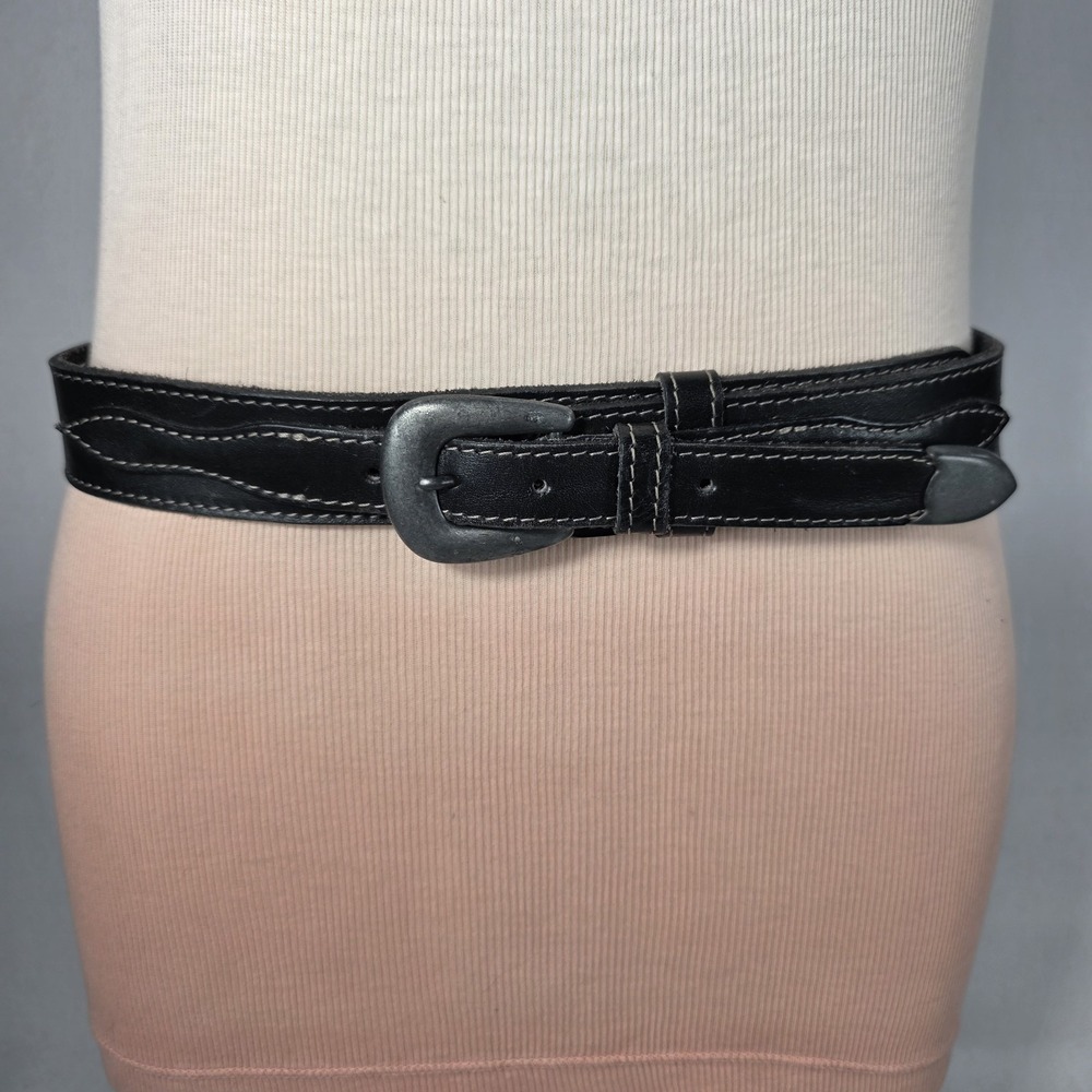 Vintage Great Western Black Leather Belt Medium Contrast Stitch Wavy USA Wesco